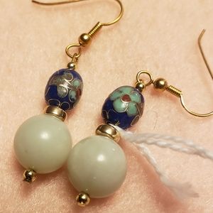 Chinese Jade & Cloisonne Beaded Earrings with Gold